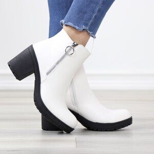 White Ankle Boots Chunky Lug Block Heel  Synthetic Leather Round Toe